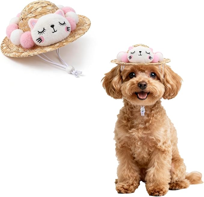 NACOCO Cat Hat Sunflower Straw Hat Handcrafted Rose Lovely Sun Cap Accessories for Small Dogs and Cats Photograph (M, Pink Cat)