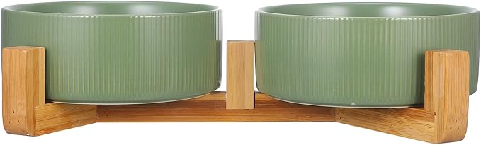 Ceramic Cat and Dog Feeding Bowl Set with Wood Stand, Non-Slip Raised Double Bowls for Pets, Matte Green Finish, Suitable for Indoor Feeding and Watering