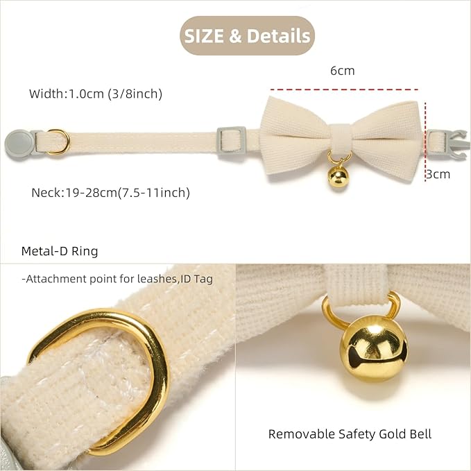 Soft Corduroy Cat Collar, Plaid Pattern, with Bell and Bowtie, Quick Release,Safety Breakaway Clasp, Adjustable for Kitten and Cats.(White+Blue)
