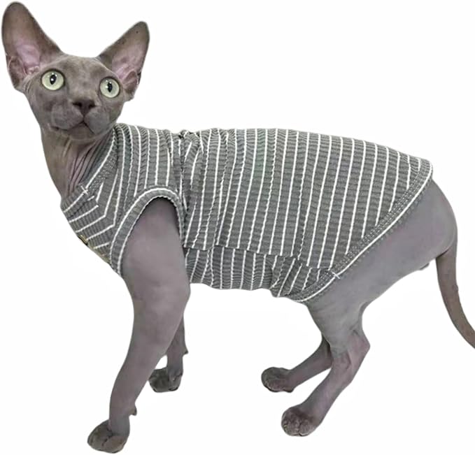 Sphynx Cat Clothes Vest for Hairless Cat, Rib Knit Stripe Cats T-Shirt Apparel, Kitten Summer Cotton Shirts Sleeveless for Cornish Rex, Devon Rex, Peterbald (Grey, S (3.5-5 lbs))