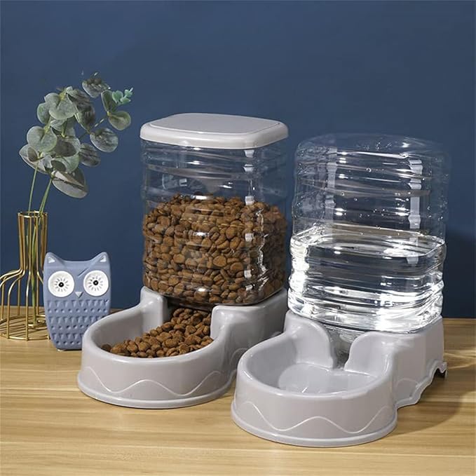 Pet Feeding Bowl and Water Dispenser with Refillable Storage Container Self-Dispensing 1 Gallon Large Capacity Cat Feeder, 3.8 Liters Capacity Dog Rabbit Waterer (Grey, for Food)