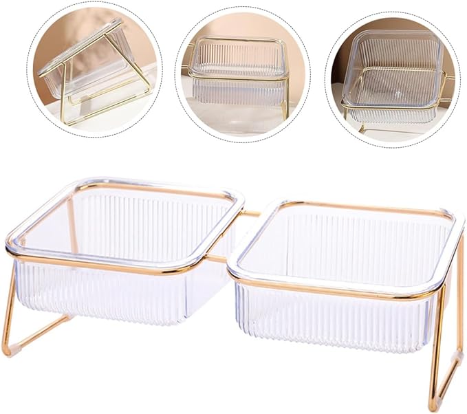 OUNONA Double Elevated Cat Bowl Set, Tilted Raised Iron Pet Feeder with Bowls, Neck Protection Design for Cats and Puppies, Easy-Clean Feeding and Watering Station