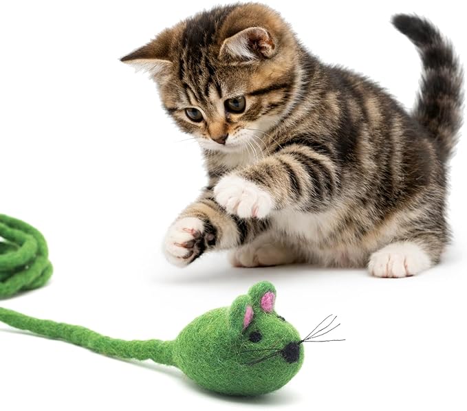 Glaciart One Felt Mouse Cat Toy – Soft Fuzzy Enrichment 100% Natural Wool - Interactive Catnip Play Cat Toy Set - Safe for Pets, Non-AZO Colored Dyes - 42” Long