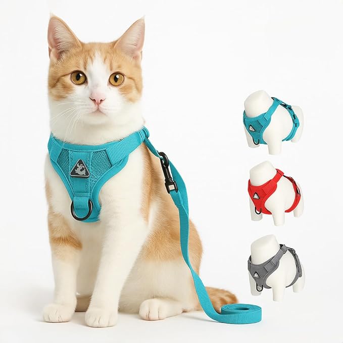 Cat Chest Harness and Leash Set for Walking Escape Proof, Soft Adjustable Vest Harnesses for Cats, Kitten Jacket with Reflective Strip, Easy to Put on with 3 Buckles for Traveling (Red, S)