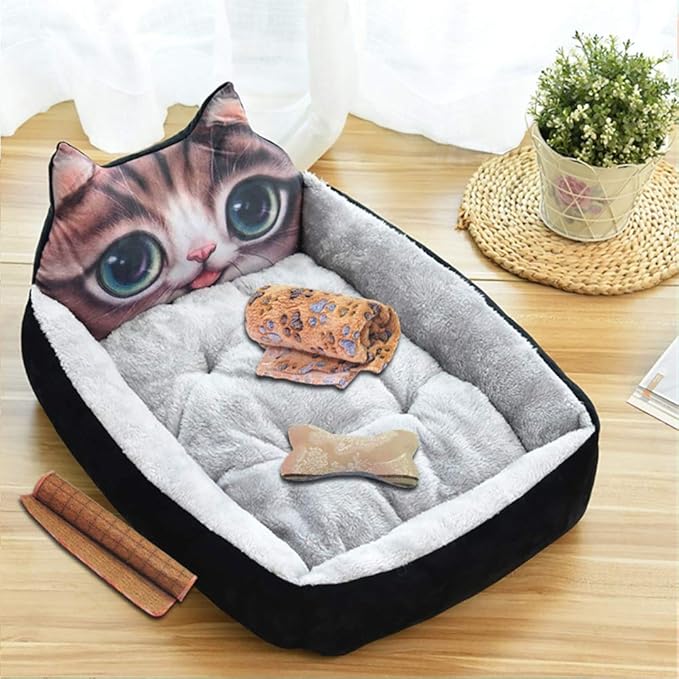 Pet Supplies Velvet Kennel Cartoon Pet Nest Four Seasons Winter Warm Pet Mat Cat Litter Gray Black Multi-Size with Gifts (Medium)
