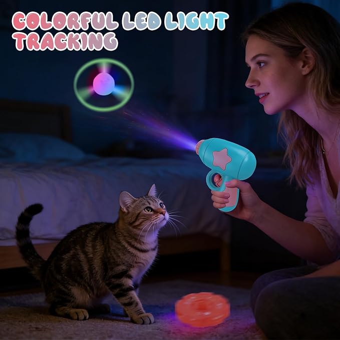 Bamboo Dragonfly Catapult Launcher, Cat Toy Spinning Flying Saucer Launcher, Interactive Cat Toy with Glowing LED for Pet Exercise & Nighttime Play