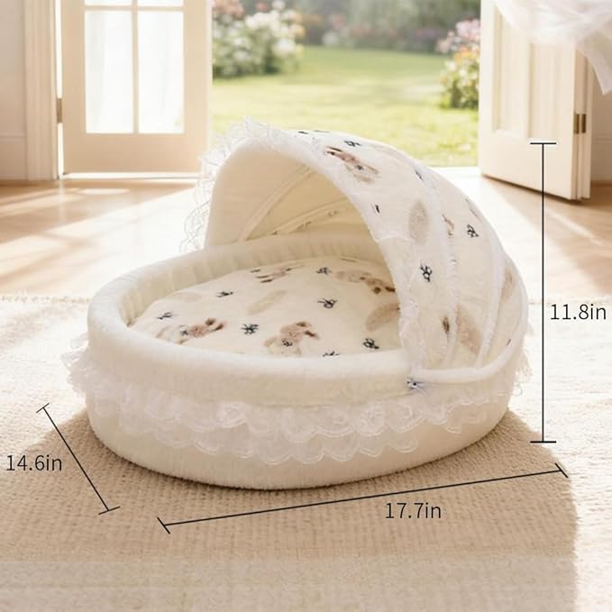 Cradle Nest Cat Cave Bed - Semi-Enclosed Plush Cradle Pet Bed with Removable Washable Cover, Cute Princess Dog Bed, Small Dog House & Cozy Cat Furniture for Indoor Cats, Small Dogs, Puppies