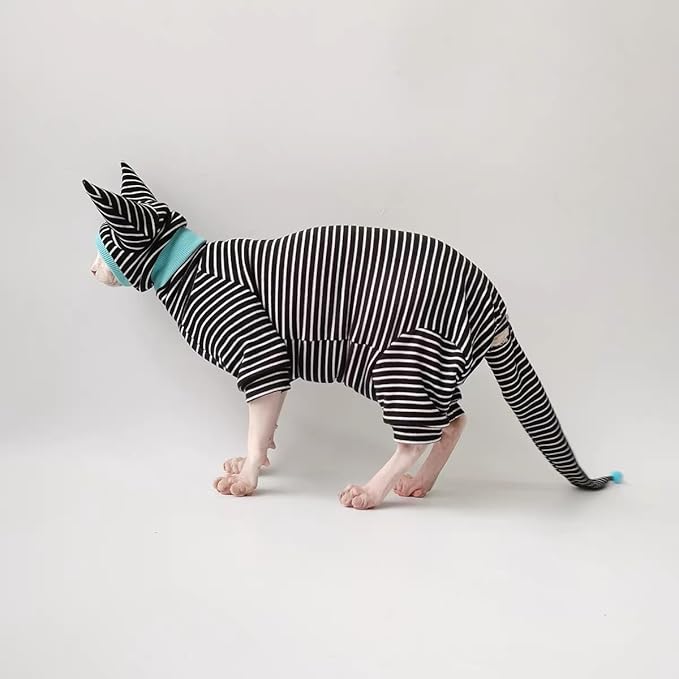 Sphynx Cat Clothes Black Stripe Breathable Shirts Suit, Pet Hat and Shirt Set (X-Small,1-2lbs)