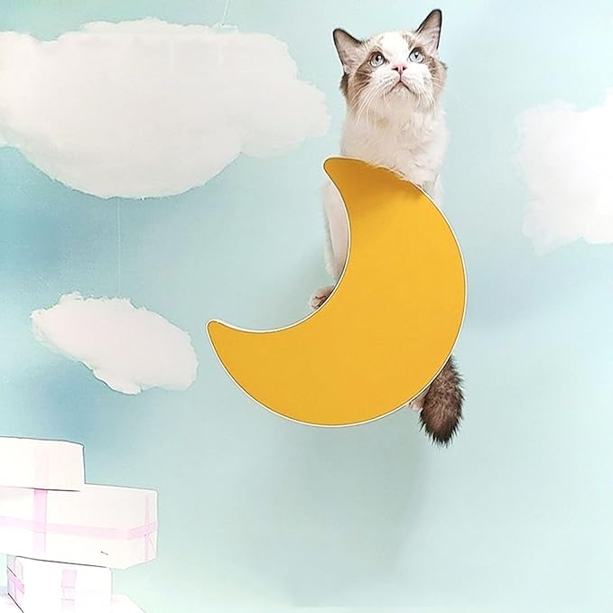 Natural Solid Wood Cat Wall Climbing Set with Colorful Sisal Posts | Cat Wall Furniture for Home & Cats Shelter | with Star/Moon/Cloud Designs(Yellow,31 * 30cm)