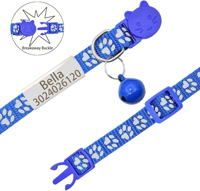 Personalized 2 Pack Reflective Cat Collar,Custom Breakaway Cat Collars with Name Tag and Bell,Anti-Lost Nameplate Cat Collar for Girls & Boys (Navy Blue,fit 8''-11.0'')