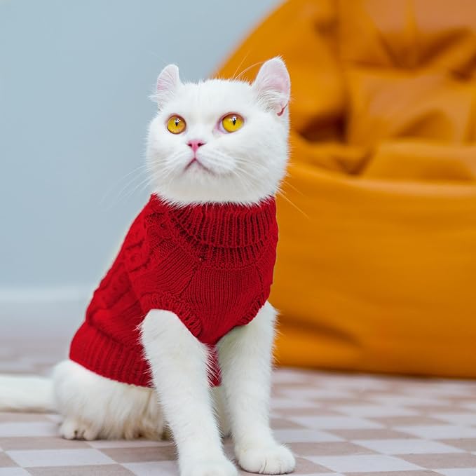 PUPTECK Winter Cat Sweater Coat - Soft Warm Cold Weather Clothes Knitwear for Kittens & Small Dogs Indoor Outdoor Wearing, Knitted Classic for Doggies Kitties, Red, L