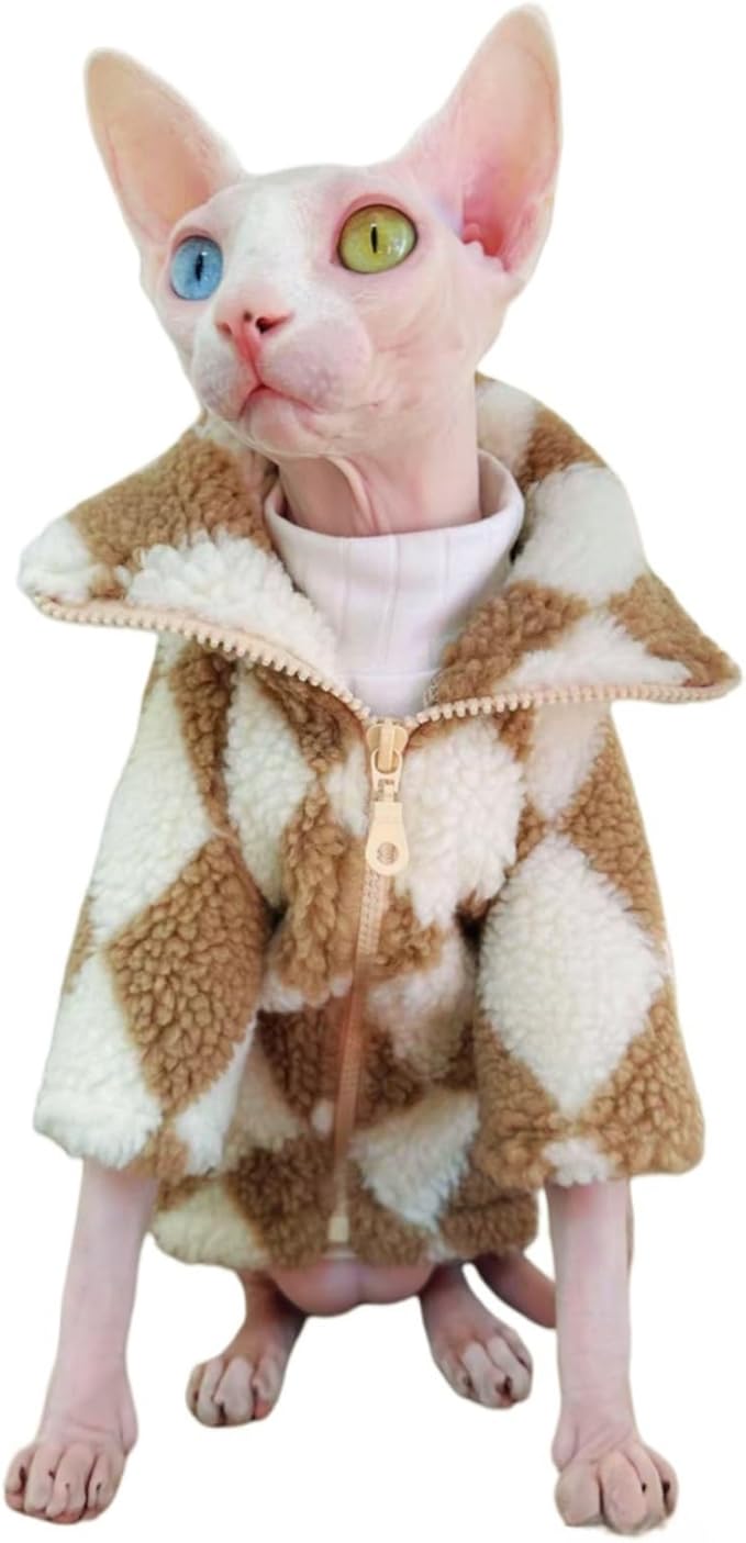 Turtleneck Sphynx Cat Winter Clothes, Double-Sided Fleece Jacket with Zipper, Sweater for Sphynx Cat Winter Warm Outfit Coat for Hairless Cats and Small Dogs Apparel with Sleeves (Diamond, Large)