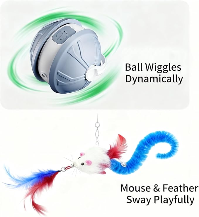 Interactive Cat Toy Ball for Indoor Cats, 2-in-1 Smart Moving Cat Ball with Feather Accessories, Automatic Kitten Toys for Bored Indoor Cats, USB Rechargeable Ideal for Small and Medium Cats