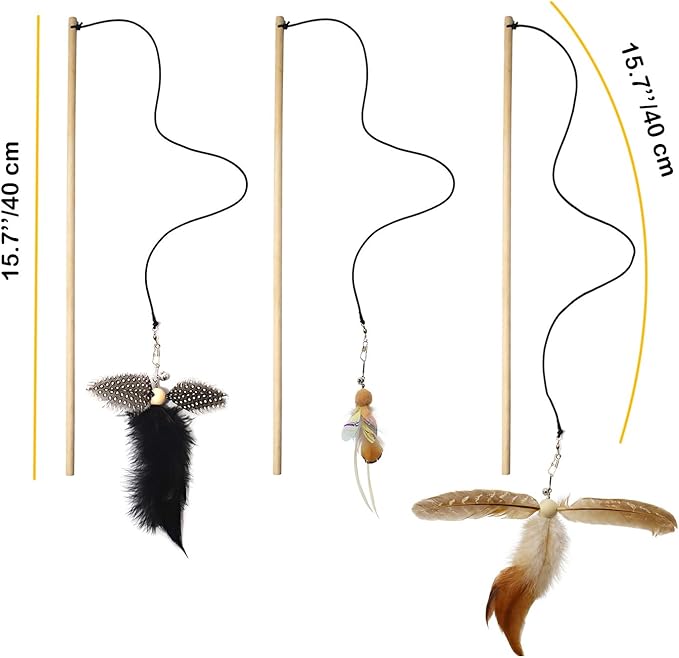 IUHKBH Cat Wand Toy, 3 Pack Feather Sticks with Bell Wooden Handle Interactive Teaser Toys for Indoor Cats Kittens Boredom Relief Exercise