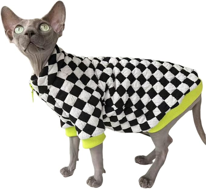 Turtleneck Sphynx Cat Winter Clothes, Double-Sided Fleece Jacket with Zipper, Sweater for Sphynx Cat Warm Outfit Coat for Hairless Cats and Small Dogs Apparel with Sleeves (Checkerboard, Large)