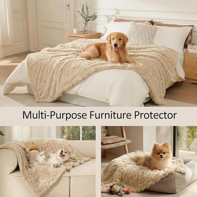 Fluffy Pets Blankets for Medium Dogs Cats Calming Blanket for Couch Covers Waterproof Long Faux Fur Cover on Bed Leakproof Sofa Protective Covers(Cream,M-57x40in)
