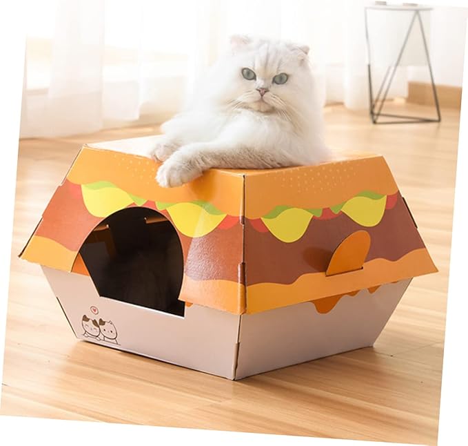 BESTonZON Cat House Hamburger Bed Scratching Board Creative Corrugated Cardboard Toy for Indoor Cats and Stable Design to Prevent Furniture Damage
