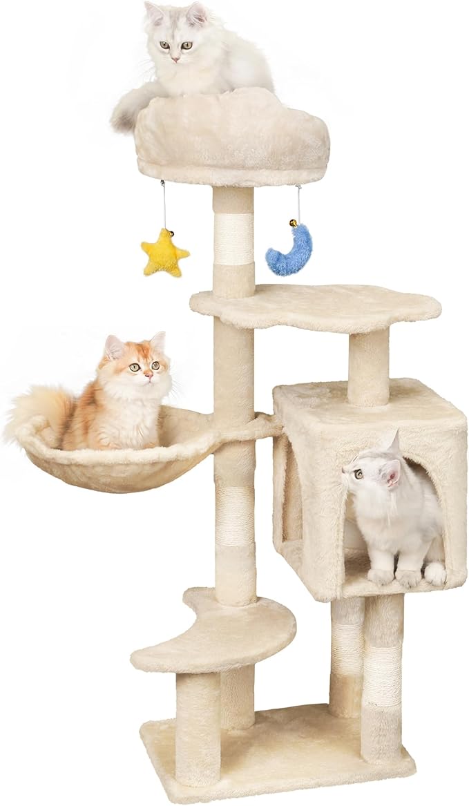 Meecal 43-Inch Cat Tree,Cute Cloud Cat Tree for Kittens & Small Cats Under 6 Months 9lbs, Cat Tower with Scratching Post, Double Condos, Plush Hammock & Dangling Toys, Beige