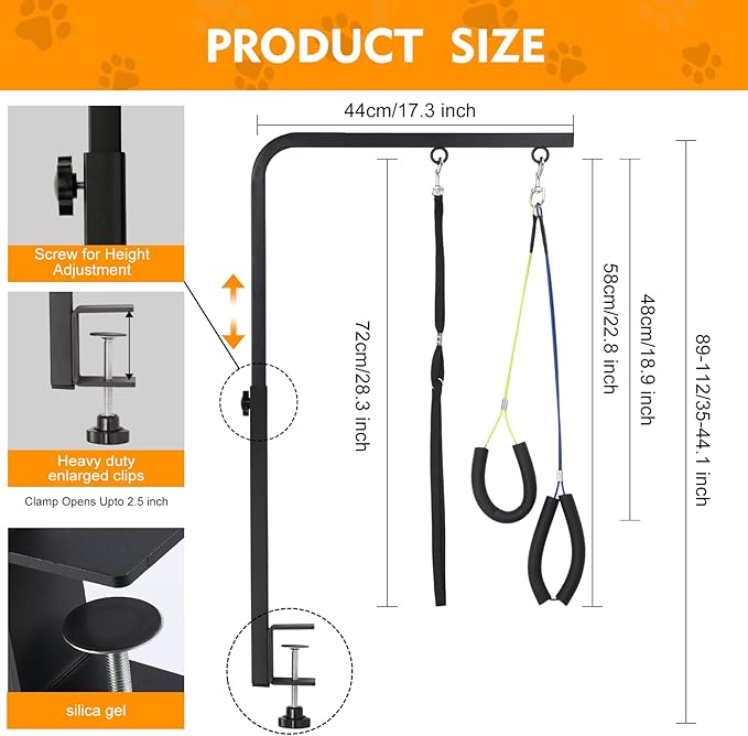 Dog Grooming Arm with Heavy-Duty Clamp, 28" to 44" Height, Adjustable Dog Grooming Table Arm with No-Sit Holder, Grooming Restraint for Small Medium Large Dogs at Home or Salon