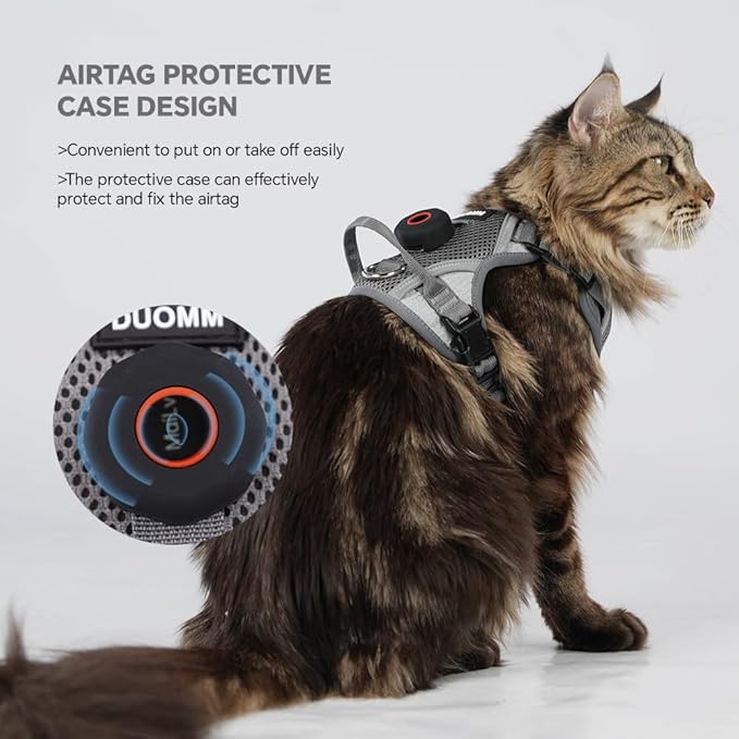 Cat Harness and Leash Set with AirTag Holder: Upgraded Escape Proof Vest with Lead for Small Dog Puppy Large Cat Walking，Soft Breathable Mesh Coat with Reflective Strip (Grey, M)