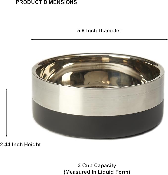 PetRageous 18440 Catalina Stainless-Steel Double Walled Dog Bowl 5.9-Inch Width and 2.44-Inch Height 3-Cups Capacity, Black