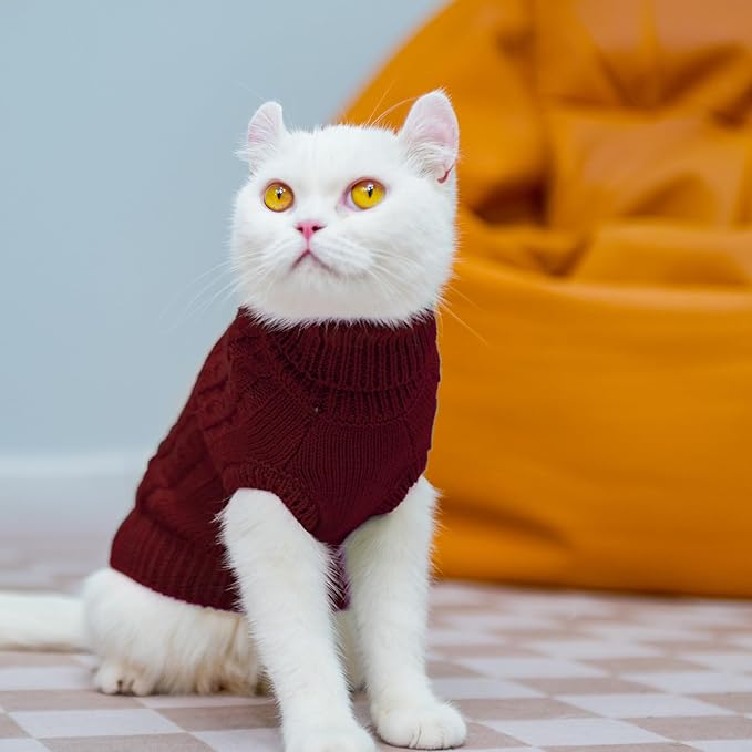 PUPTECK Winter Cat Sweater Coat - Soft Warm Cold Weather Clothes Knitwear for Kittens & Small Dogs Indoor Outdoor Wearing, Knitted Classic for Doggies Kitties Girls Boys, Red, M