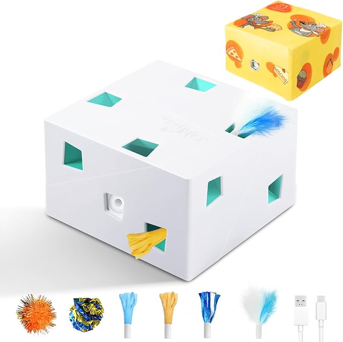 Migipaws Automatic MigiBox Plus Cat Toys 3 n1 Interactive Pounce Mystery Under PopSkin 12 Holes Cardboard Kitten Toys for Indoor Rechargable 8 Accessories(White)