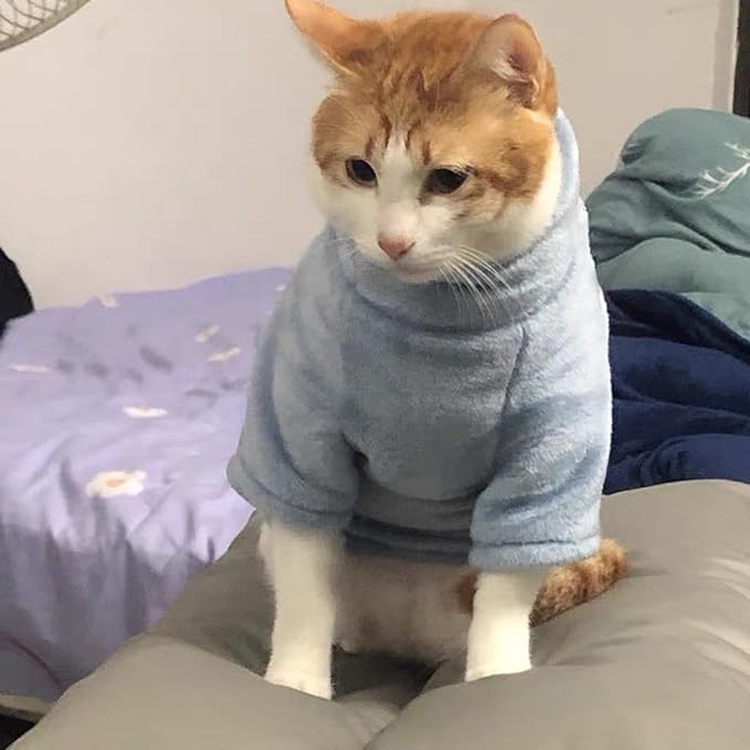 Sphynx Cat Clothes Winter Turtleneck Soft Coral Fleece Cat Clothes Thicken Warm Pajamas Coat for Hairless Cats and Small Cat Apparel with Sleeves (Haze Blue, XL (9.3-12.7lbs)