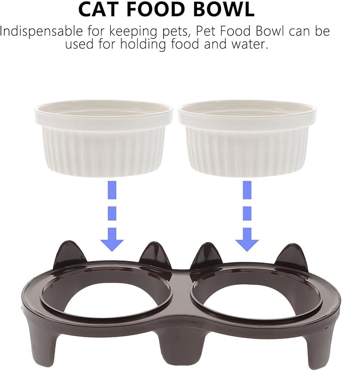 Ceramic Raised Cat Bowl Set with Anti-Slip Brown Thickened Dual Bowls and Sturdy Stand for Kitten Feeding and Watering at Home