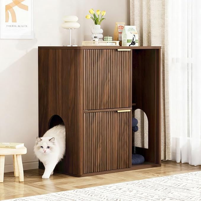 31.5" Cat Litter Box Enclosure Furniture, Fluted Hidden Litter Box Cabinet with Storage Shelf & Scratching Post, Wooden Cat House Side Table with Dual Entry Doors for Indoor Cats, Natural,Walnut