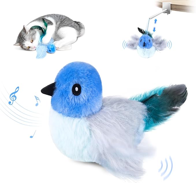 Migipaws Interactive Flapping Bird Cat Toys with Rod, clamp, Elastic String and Catnip, Automatic Chirping Toys for Indoor Cats to Chase, Hanging Feathers for Kitten to Self Play,Rechargeable(Blue)