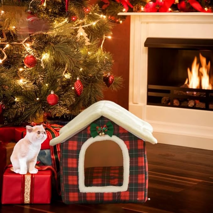 Cat Bed Cave, Cute Christmas Plaid Cat Beds for Indoor Cats, Pet House Cats Tent with Removable Cushion Pillow for Kittens Puppy Small Dogs (Plaid-S(15.7x12.6x13.7in))