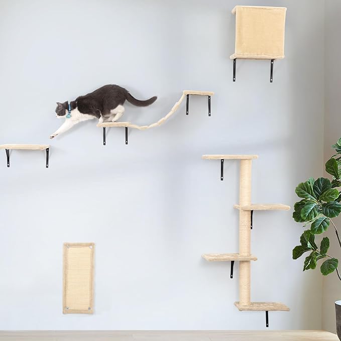 Cat Hammock Wooden Wall-Mounted Shelves Cat Climber Set of 5, Floating Cat Perches, Hanging Cat Beds for Sleeping, Playing, Climbing-Modern Cat Bed & Furniture for Large Cats/Kitty, Beige