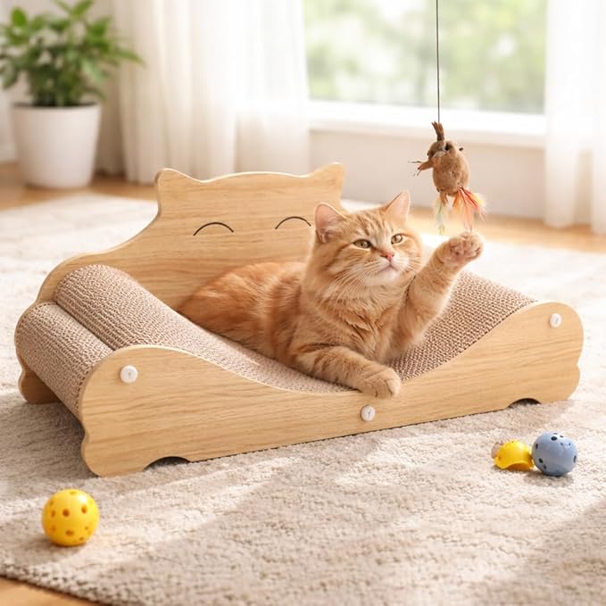 Cat Scratcher Lounge Cardboard, 3-in-1 Cat Sofa Bed for Indoor Cats, Durable Scratch Pad & Resting Bed, Curved Wooden Cat Furniture,