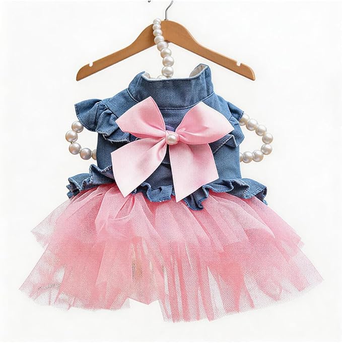 Dog Cat Denim Tutu Dress, Princess Puppy Kitten Outfit with Pearl Bow & Stand-Up Collar, Sleeveless Pet Clothes for Wedding Birthday Party, Easy Front Snap Closure for Chihuahua (Pink-Denim, Large)