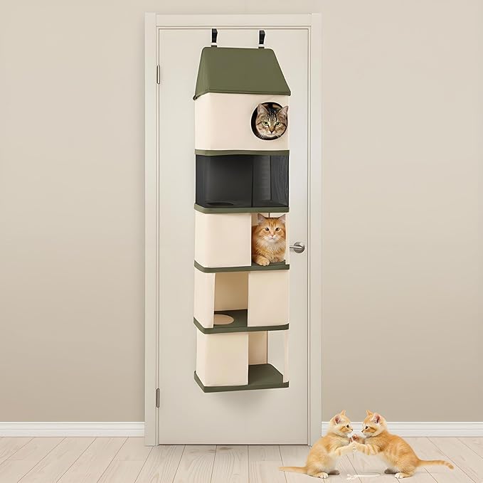 5 Level Door Hanging Cat Tree Tower for Indoor Cats Under 40 Lbs, Door Mounted Pet Furniture Space Saving, Interconnecting Levels, Mesh Levels, Collapsible and Tool-free Assembly, Fits Doors＜85 Inch H