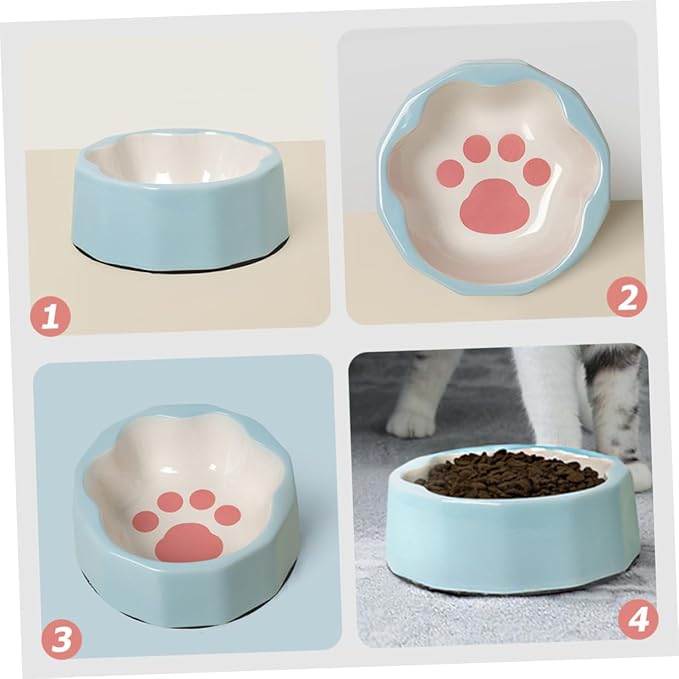 Ceramic Slanted Pet Bowl with Blue Animal Paw Design, Tilted Dog and Cat Food Dish for Feeding and Watering, Small Size Pet Feeder Suitable for Cats and Small Dogs