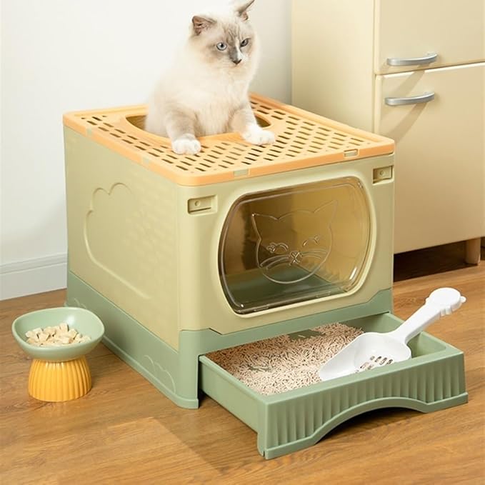 Pet Supplies, XL Foldable Cat Litter Box with Lid, Top Entry for Big Cats, Easy Clean