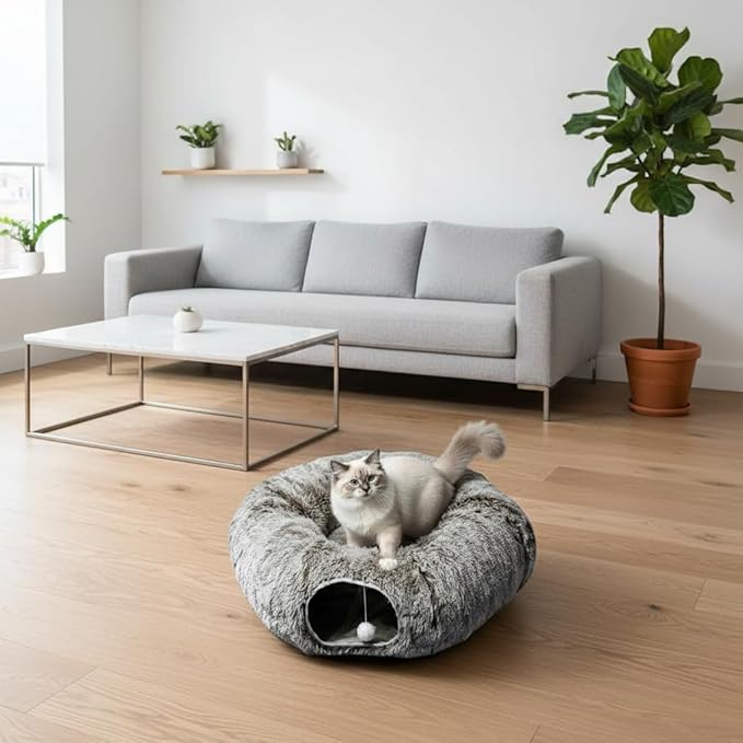 AUOON Cat Tunnel Bed for Indoor Cats - Large Cat Donut Tunnel with Hanging Ball Toy, Collapsible 2-in-1 Multifunctional Interactive Cat Toy for Kitten, Puppy, Rabbit, Ferret (Brown)