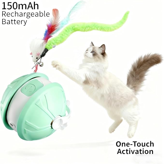 Interactive Cat Toy Ball for Indoor Cats, 2-in-1 Smart Moving Cat Ball with Feather Accessories, Automatic Kitten Toys for Bored Indoor Cats, USB Rechargeable Ideal for Small and Medium Cats