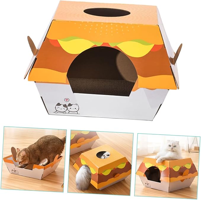 ORFOFE Creative Burger-Shaped Cat Scratching Board Bed Corrugated Cardboard for Play Relaxation Reduces Furniture Damage for Indoor Cats