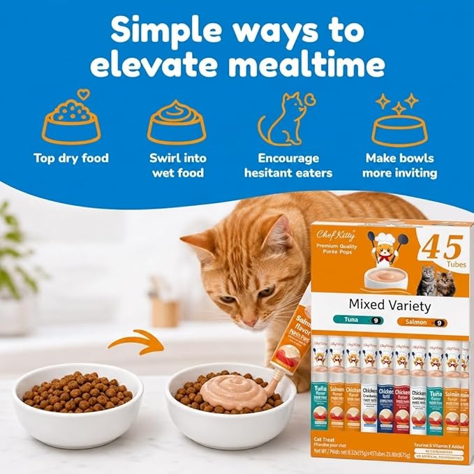 Cat Treats Lickable | Grain-Free Cat Food Toppers, High Protein | Creamy Puree Squeeze Ups with Vitamin E & Taurine, Digestible Formula | 0.5 oz. Each Tube, Chicken & Seafood Mix Variety | 45 Tubes