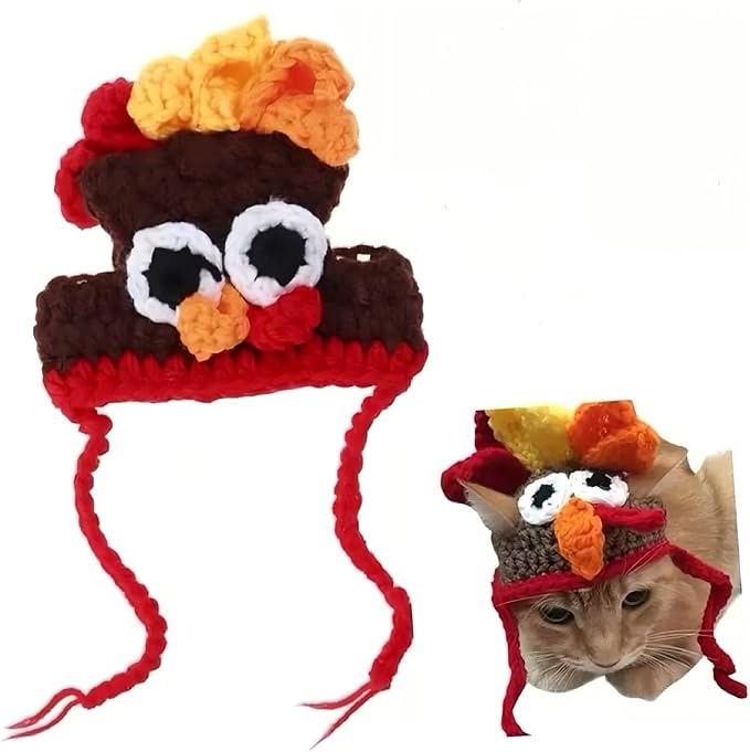 Crochet Turkey Hat for Cats & Small Dogs, Hand Knitted Thanksgiving Pet Costume, Halloween Party Photo Prop for Kittens and Puppies