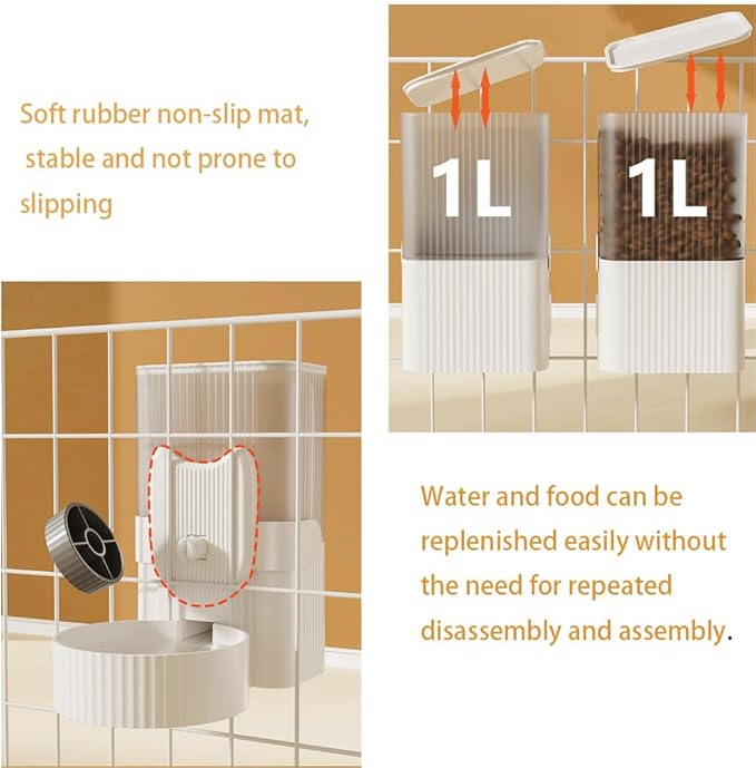 Pet Dog Cat Hanging Automatic Feeder and Water Dispenser Set, 2-in-1 Gravity Pet Food & Water Bowl for Cage, No-Spill Small Dog Rabbit Food Dispenser (Grey)