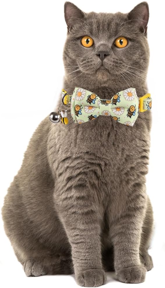 Cat Collar Breakaway with Cute Bow Tie Bandana and Bell Accessories Bee for Kitty Adjustable Safety