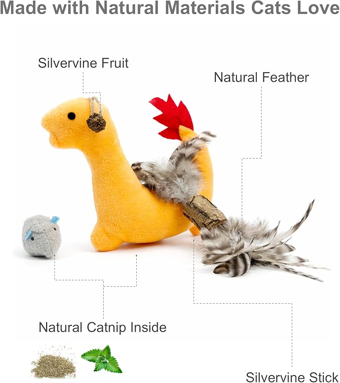 3 Pack Cat Toys for Indoor Cats - Silvervine & Catnip Toy Set with Feather, Plush Dragon Kick Toy, Mouse Toy for Chasing, Kicking & Chewing, Natural Cat Enrichment Toys