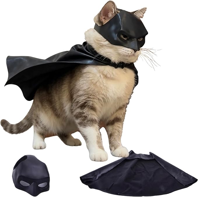 Lamiarga Cat Costume for Cat and Cat Mask Cosplay Set, Black Leather Cape Outfit for Halloween, One Size Fits All Cat Breeds