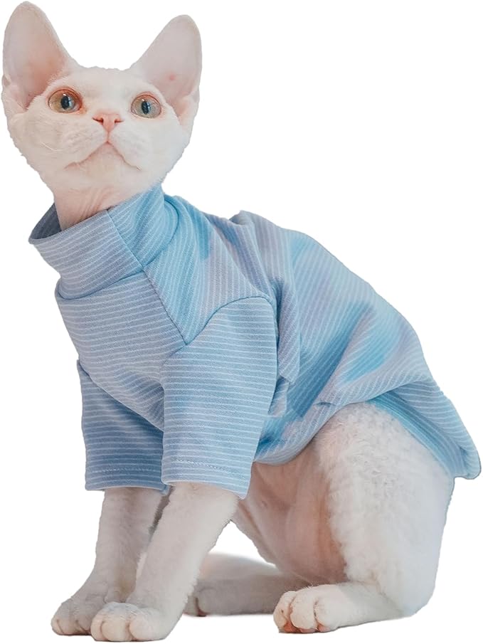 Sphynx Cats Warm Fleece Shirt Cat Turtleneck Undershirt Thermal Hairless Cat Clothes for Sphynx, Devon, Cornish Cat Clothes and Small Kitten and Dogs (Blue Pinstripe, Medium)