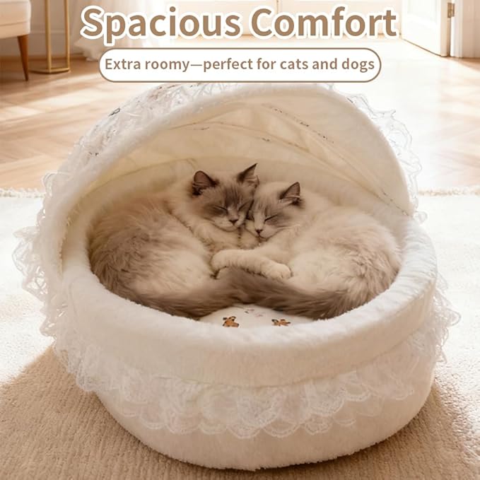 Cradle Nest Cat Cave Bed - Semi-Enclosed Plush Cradle Pet Bed with Removable Washable Cover, Cute Princess Dog Bed, Small Dog House & Cozy Cat Furniture for Indoor Cats, Small Dogs, Puppies