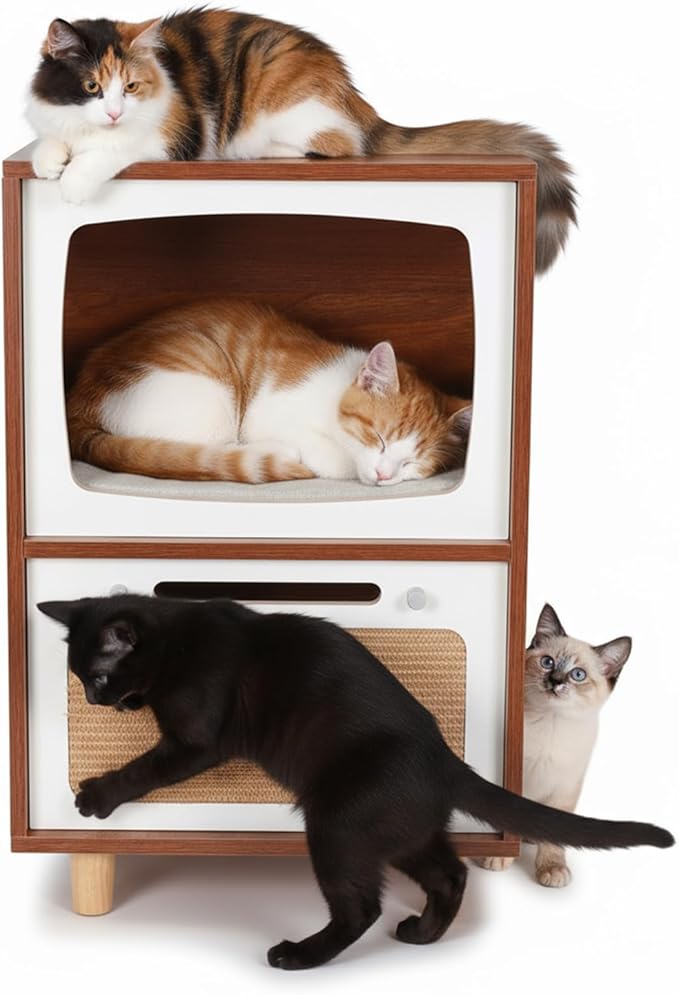 Generic Wood Bedside Table with Scratching Board 2 in 1 Play House End Table Retro TV-Style Two-Tier Indoor Cat Activity Center Vintage TV Shaped Cat Furniture for Indoor Use Cats Beds
